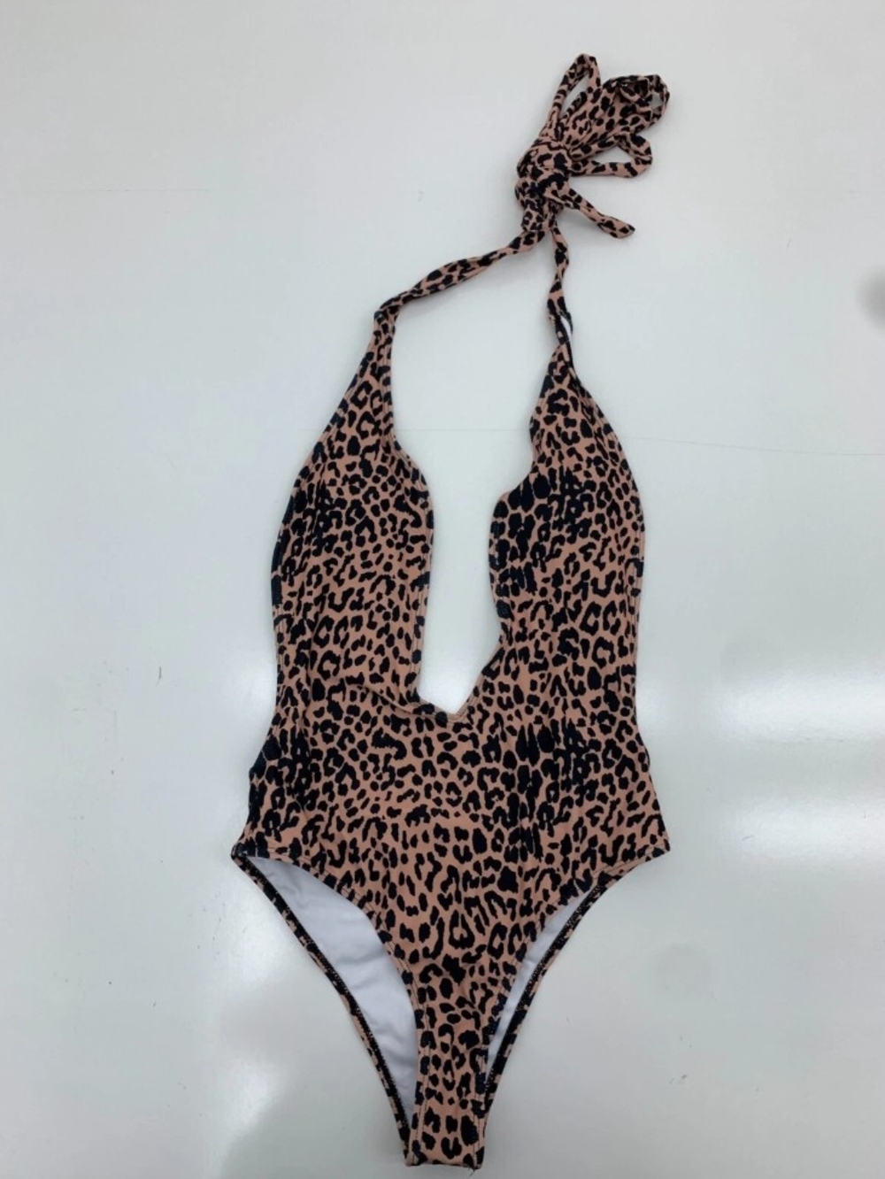 Leopard Print One-Piece Halter Swimsuit - Tan & Black